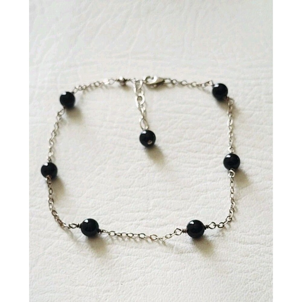 Sterling Silver 925 Onyx Station Anklet Bracelet